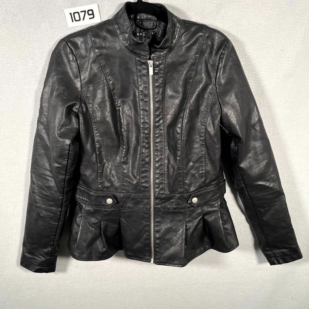 Baccini Motorcycle Jacket Womens Small Black Faux Leather Pleated Front Full Zip